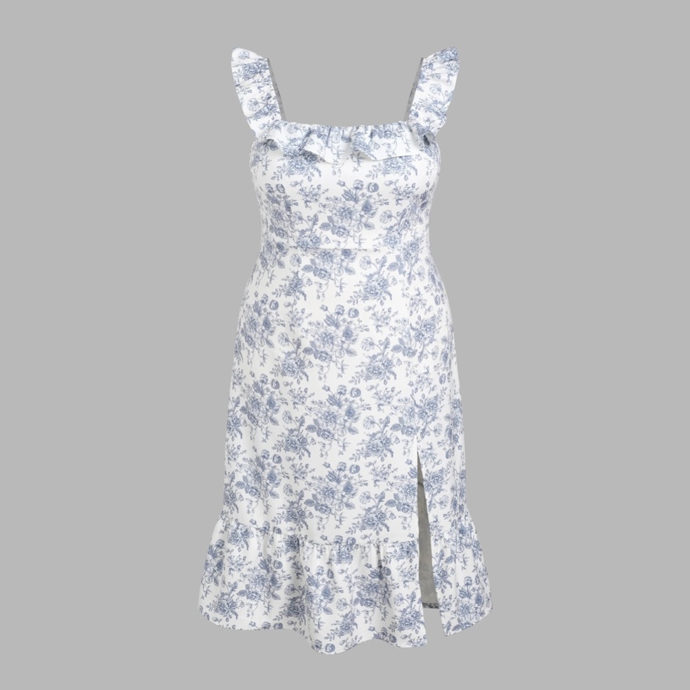 Cider - Blue & White Curve & Plus Toile de Jouy Ruffle Split Midi Dress